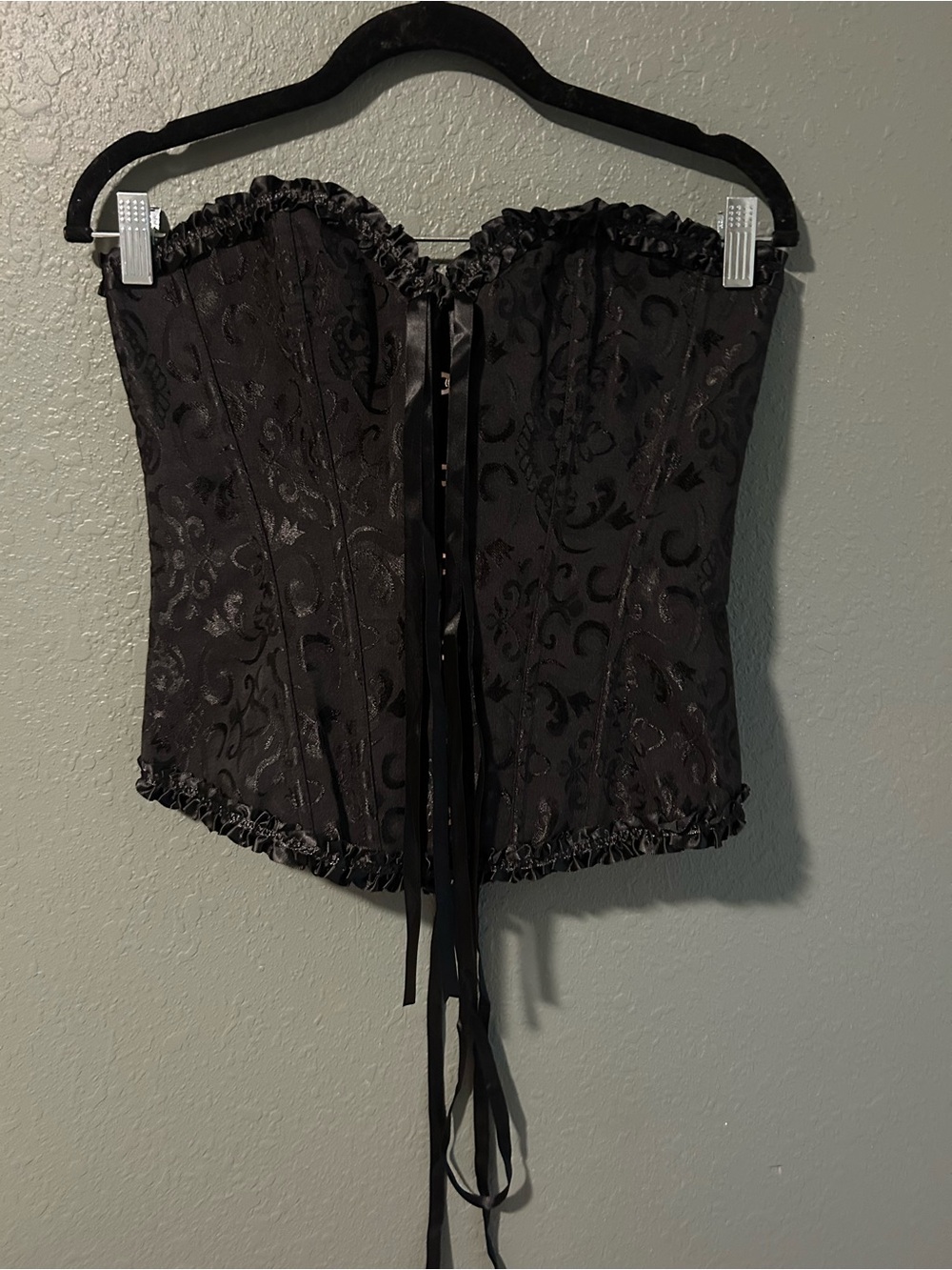 Black lace corset top with adjustable ties and ruffles #goth #corsetry